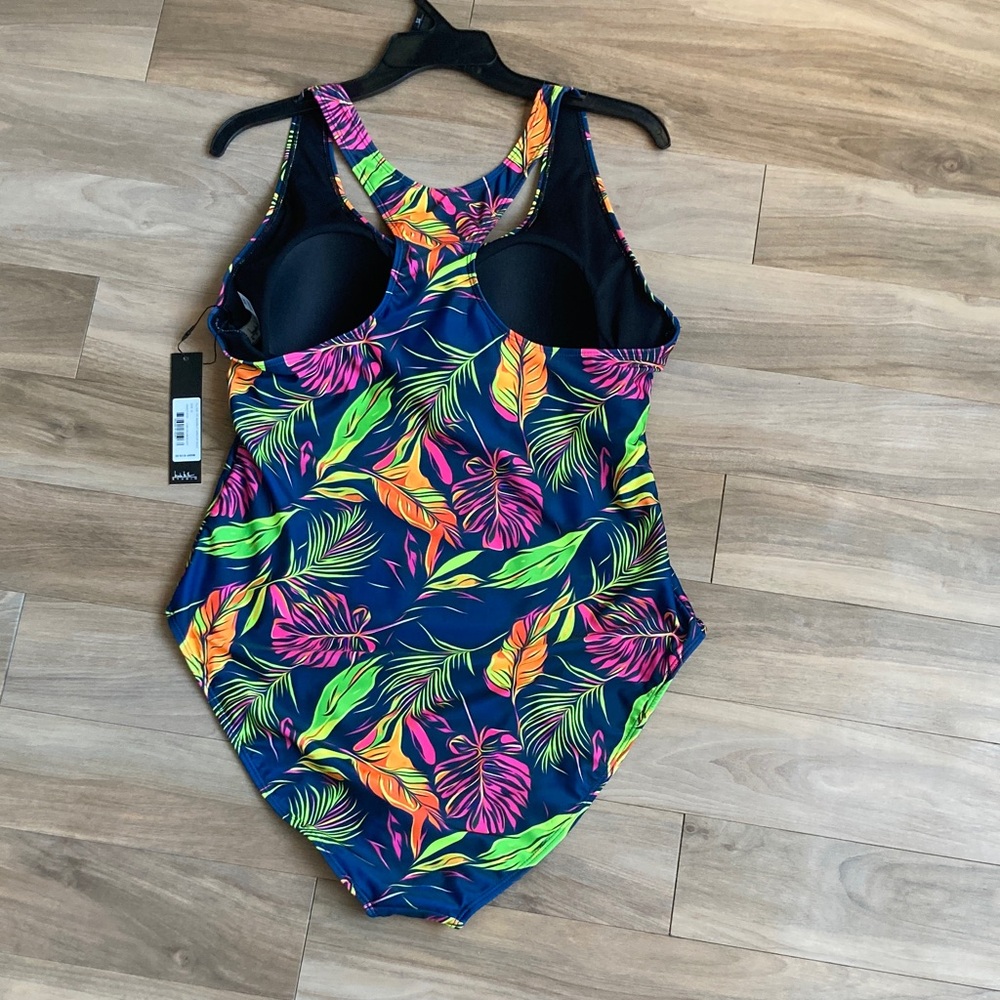 Nicole Miller one piece racerback swimsuit tropical floral and palm print 2X - Picture 12 of 15